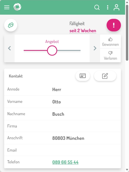 Mobile partner-portal view in leadtributor showing a lead in the Offer stage, a 2-weeks-overdue warning, contact details with tap-to-call phone number, and Won/Lost action buttons.